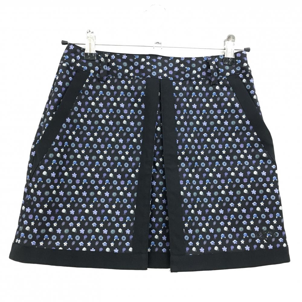 【超美品】キャロウェイ スカート 黒×ブルー 花柄 一部プリーツ 裾ロゴ レディース S ゴルフウェア Callaway