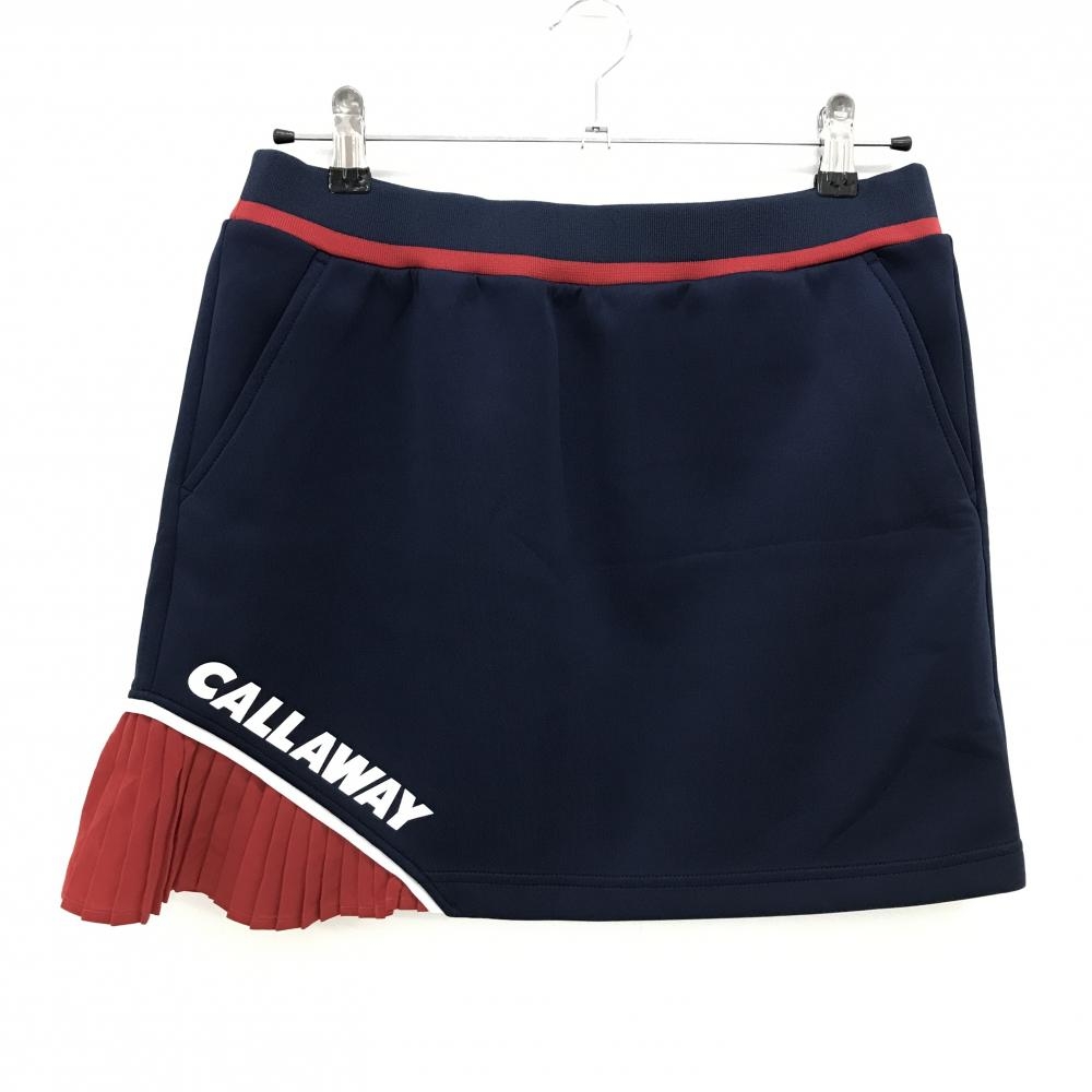 【超美品】キャロウェイ スカート ネイビー×レッド 裾一部プリーツ ロゴプリント レディース L ゴルフウェア Callaway