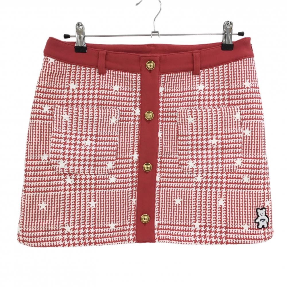 【超美品】キャロウェイ スカート レッド×白 グレンチェック調 星総柄 裏起毛 ベアワッペン レディース LL ゴルフウェア Callaway