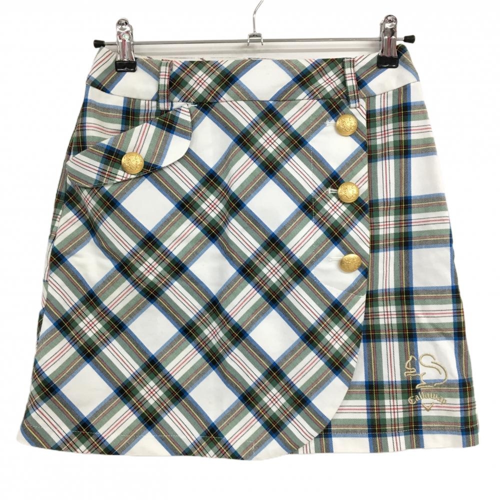 キャロウェイ スカート 白×グリーン×レッド チェック 金ボタン  レディース S ゴルフウェア Callaway
