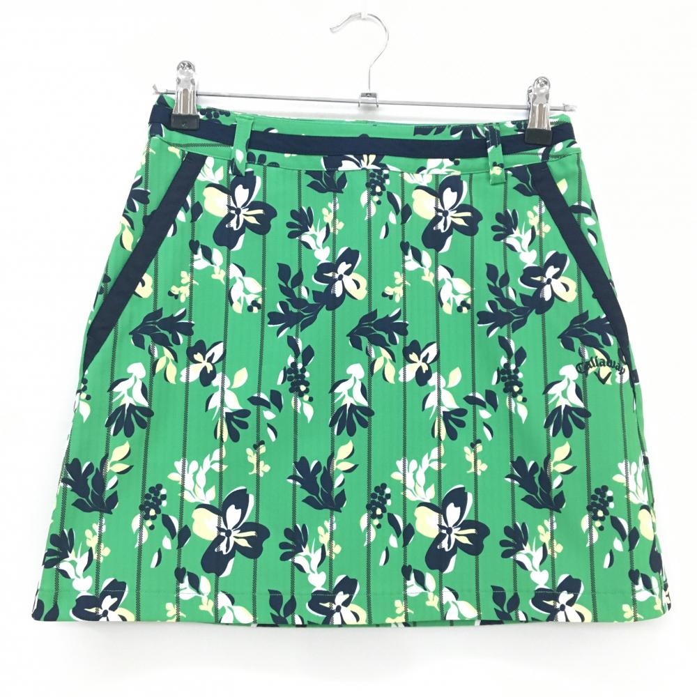 【超美品】キャロウェイ スカート グリーン×ネイビー 花柄 ストライプ ロゴ刺しゅう レディース S ゴルフウェア Callaway