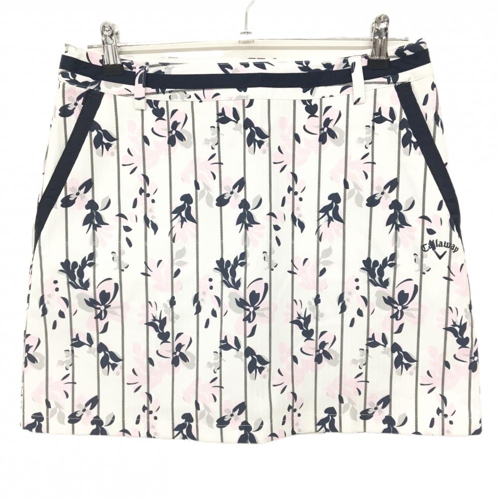 キャロウェイ スカート 白×ライトピンク×ネイビー 花柄 ストライプ  レディース LL ゴルフウェア Callaway