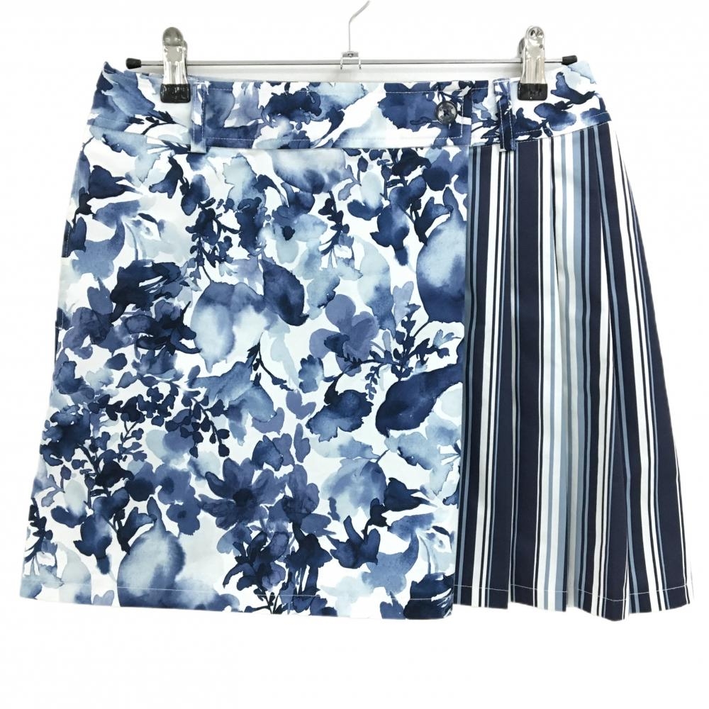 【美品】キャロウェイ スカート 白×ネイビー 花柄 一部ストライプ 後ろジップ レディース L ゴルフウェア Callaway