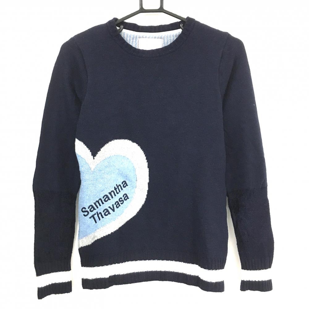 【美品】サマンサタバサUNDER25 セーター ネイビー×白 ハート 袖異素材 ニット レディース M ゴルフウェア Samantha Thavasa