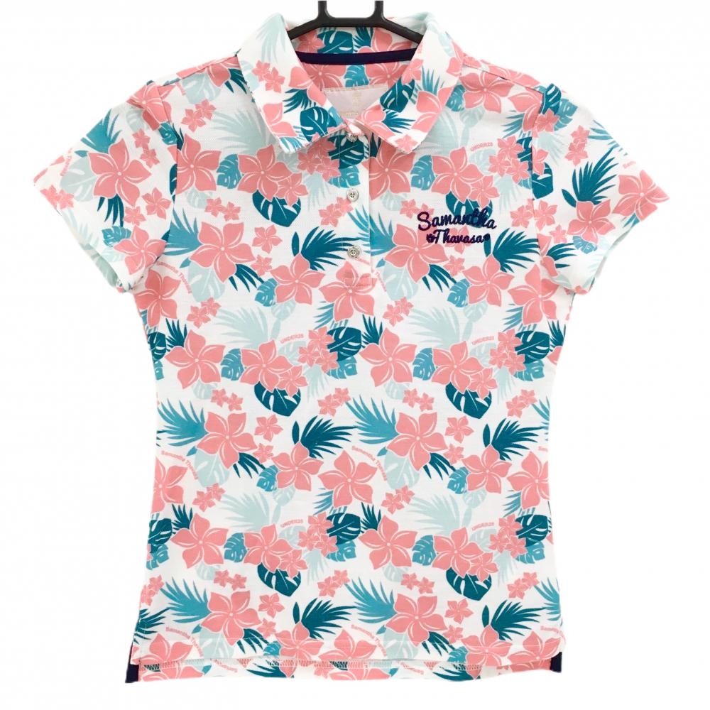 【美品】サマンサタバサUNDER25 半袖ポロシャツ 白×ピンク 花柄 ロゴ刺しゅう レディース M ゴルフウェア Samantha Thavasa