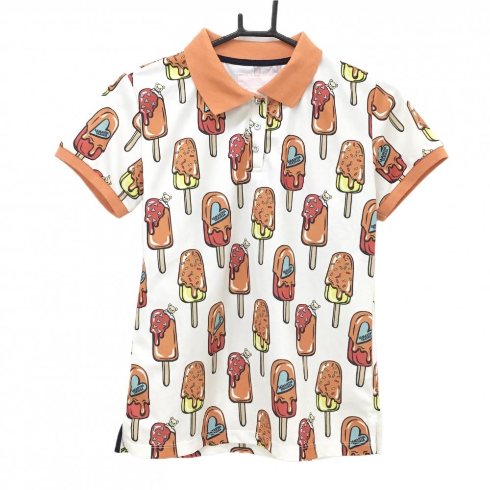 サマンサタバサUNDER25 半袖ポロシャツ 白×オレンジ アイス柄 クマ  レディース M ゴルフウェア Samantha Thavasa