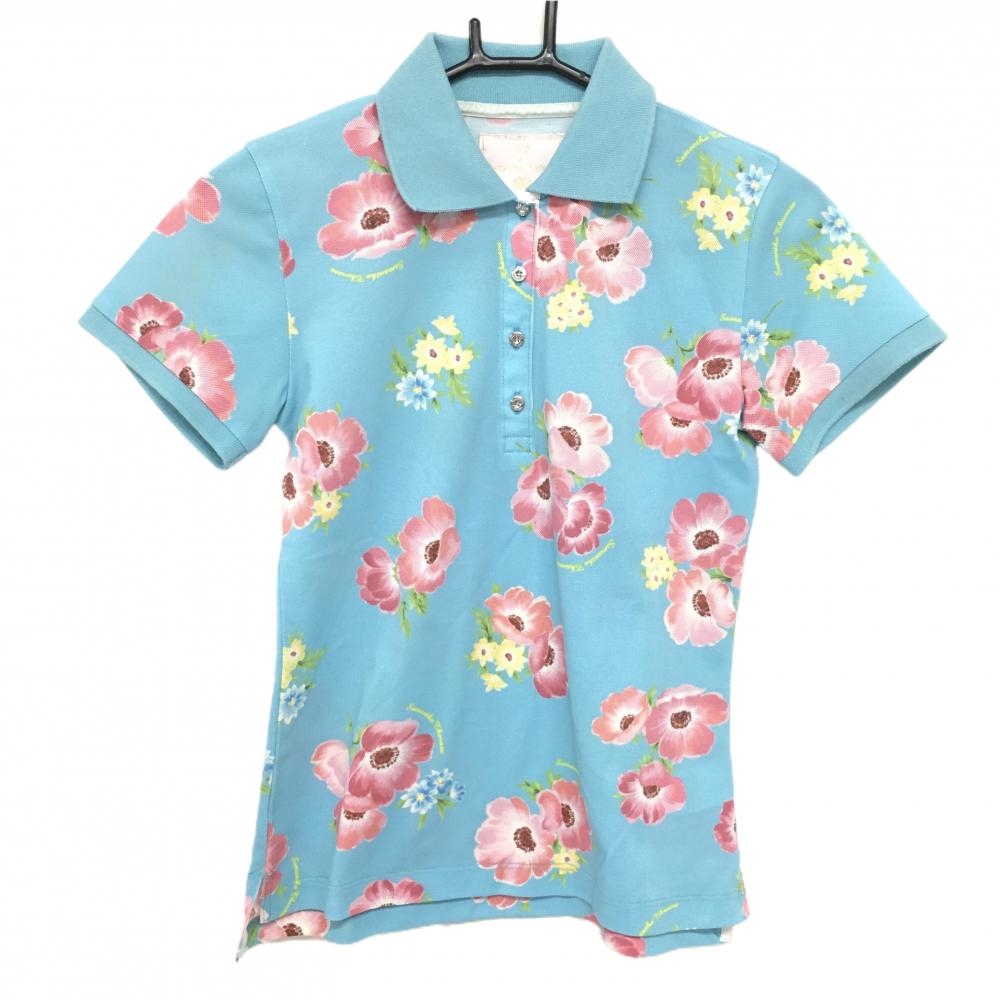 サマンサタバサUNDER25 半袖ポロシャツ ライトブルー×ピンク 花柄 レディース M ゴルフウェア Samantha Thavasa