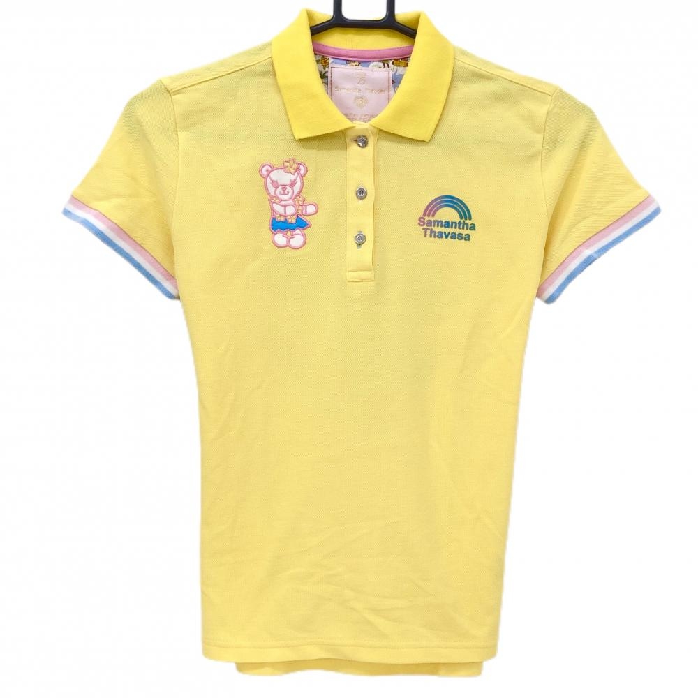 【美品】サマンサタバサUNDER25 半袖ポロシャツ イエロー×ピンク ベア レインボー レディース M ゴルフウェア Samantha Thavasa