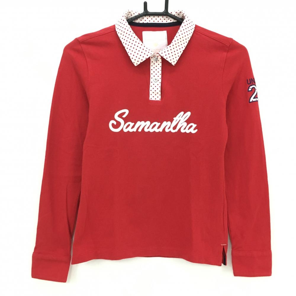 【美品】サマンサタバサ×Disney 長袖ポロシャツ レッド×白 襟ドット ミニーマウス レディース M ゴルフウェア Samantha Thavasa