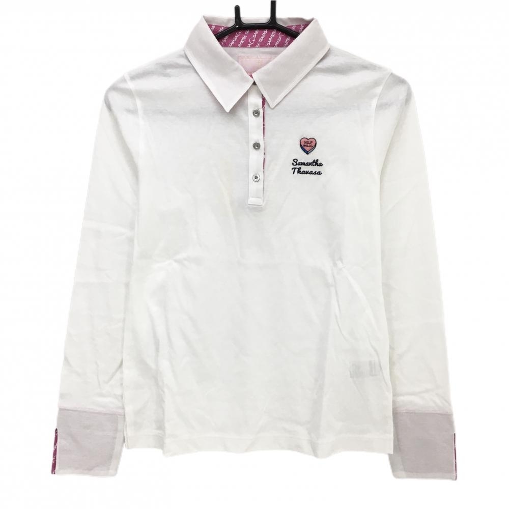 【新品】サマンサタバサUNDER25 長袖ポロシャツ 白 襟裏ロゴ総柄 ハート レディース M ゴルフウェア Samantha Thavasa
