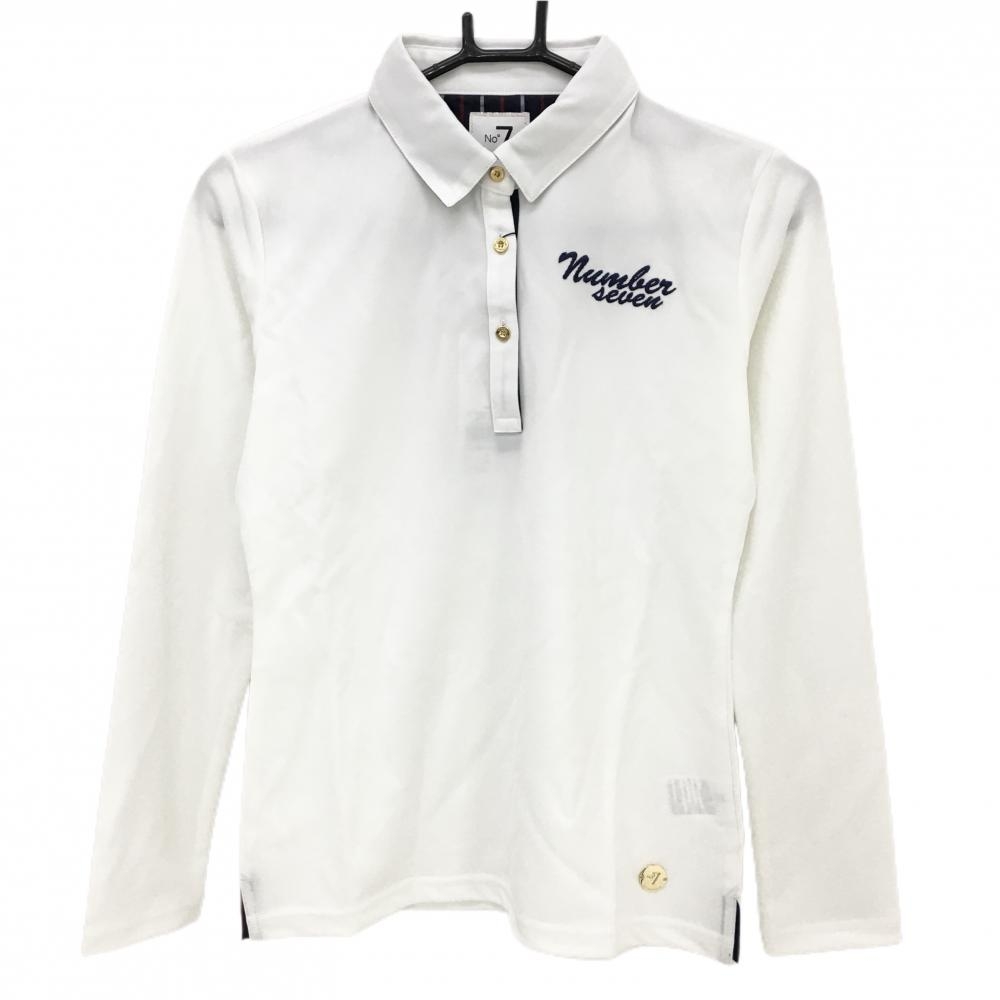 【新品】サマンサタバサNo.7 長袖ポロシャツ 白×ネイビー 背面ロゴプリント レディース 38(M) ゴルフウェア Samantha Thavasa