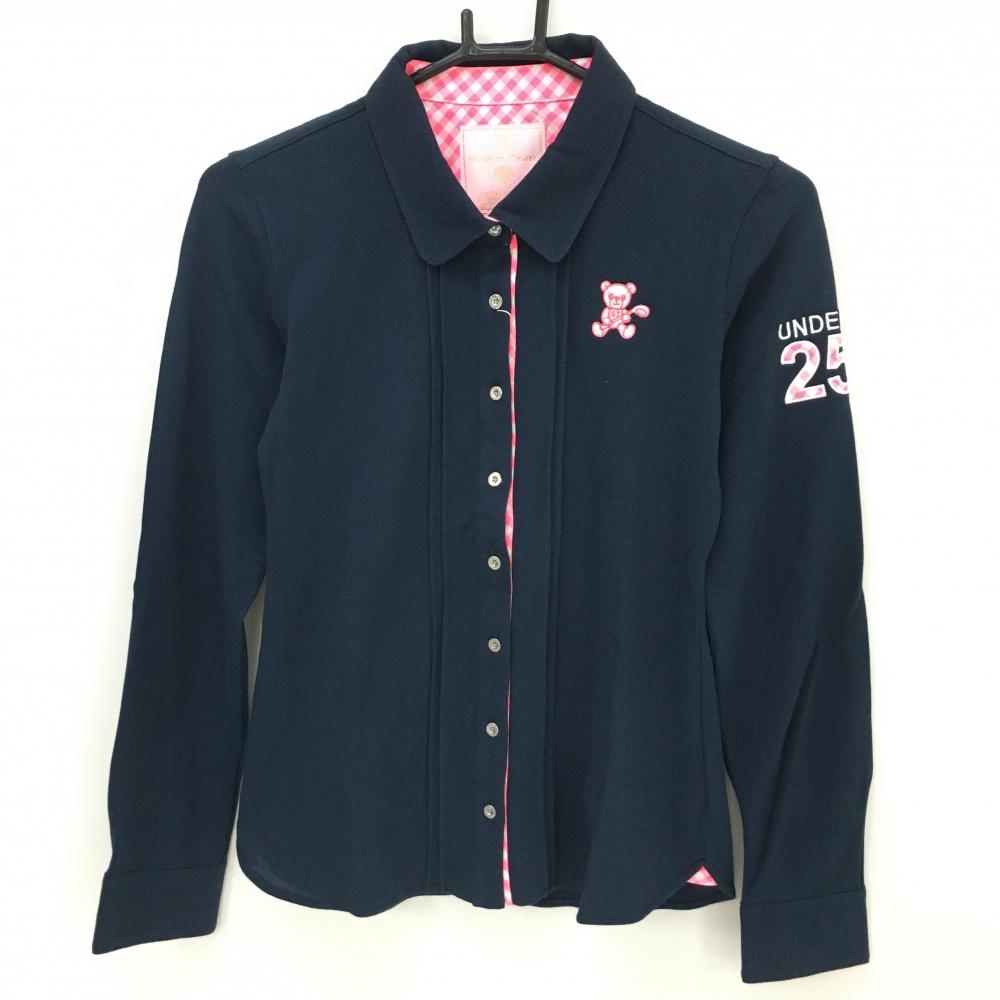 【新品】サマンサタバサUNDER25 長袖シャツ ネイビー×ピンク ベア 襟裏チェック レディース M ゴルフウェア Samantha Thavasa