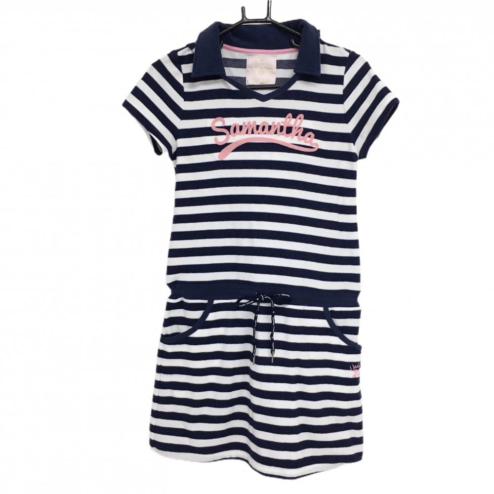 【美品】サマンサタバサUNDER25 フード付き半袖ワンピース ネイビー×白 ボーダー柄 パイル地 レディース M ゴルフウェア Samantha Thavasa