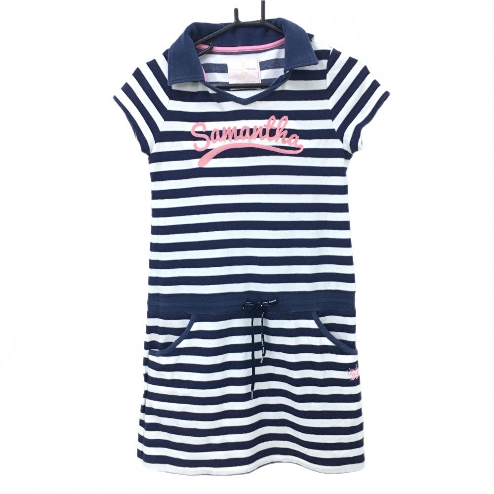 サマンサタバサUNDER25 フード付半袖ワンピース ネイビー×白 ボーダー 襟付き パイル地  レディース S ゴルフウェア Samantha Thavasa