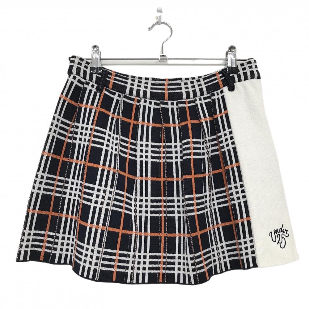 【美品】サマンサタバサUNDER25 ニットスカート ダークネイビー×白×オレンジ チェック レディース S ゴルフウェア Samantha Thavasa