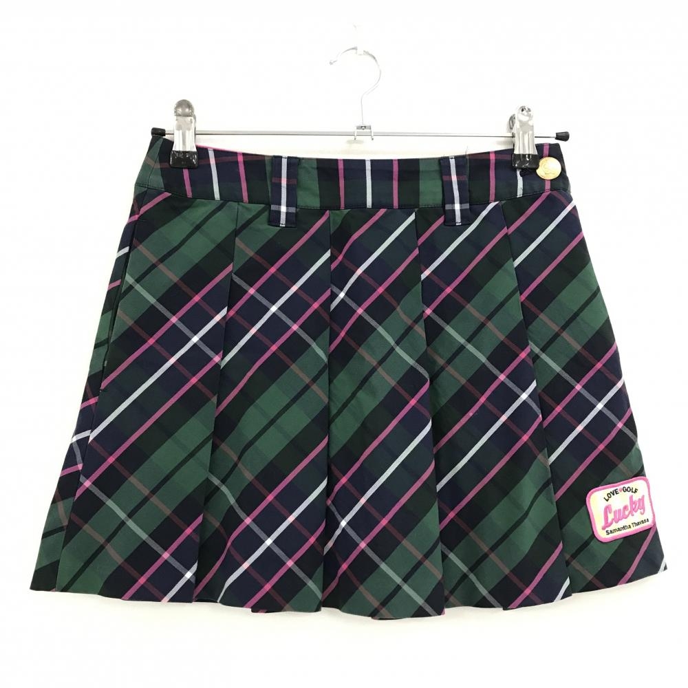 【美品】サマンサタバサ プリーツスカート グリーン×ネイビー チェック レディース 36(S) ゴルフウェア Samantha Thavasa