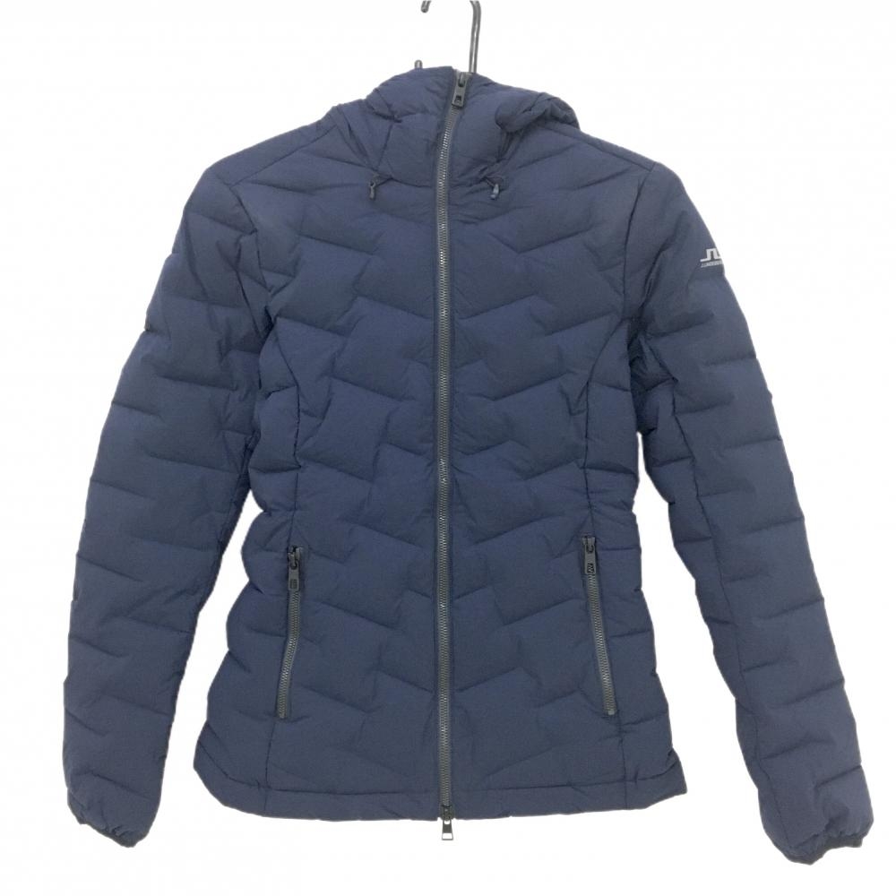 【美品】ジェイリンドバーグ ダウンジャケット ネイビー フード付 ダウン90％ フェザー10％　 レディース S ゴルフウェア J．LINDEBERG