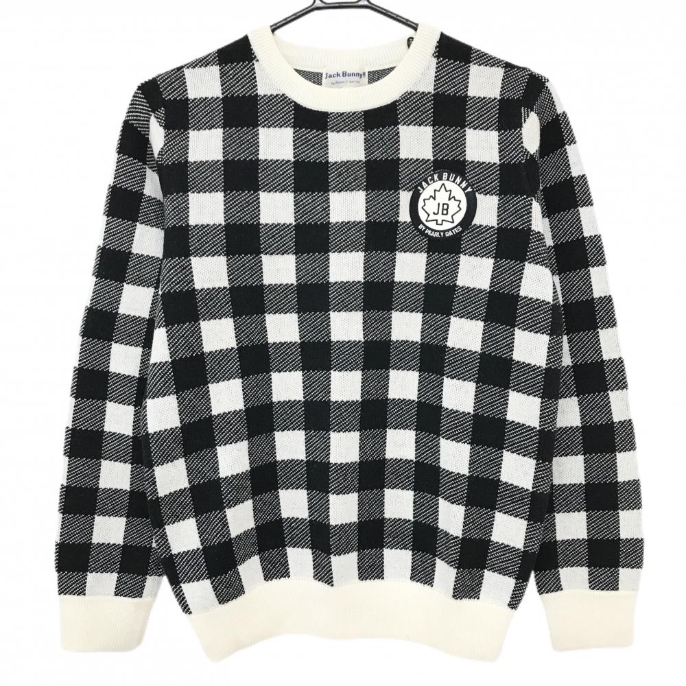 ジャックバニー セーター 白×黒 チェック ウール混 ニット  レディース 1(M) ゴルフウェア Jack Bunny