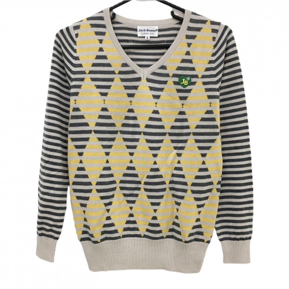 【超美品】ジャックバニー セーター ライトベージュ×ダークグレー ボーダー 前身頃ダイヤ柄 レディース 2(L) ゴルフウェア Jack Bunny