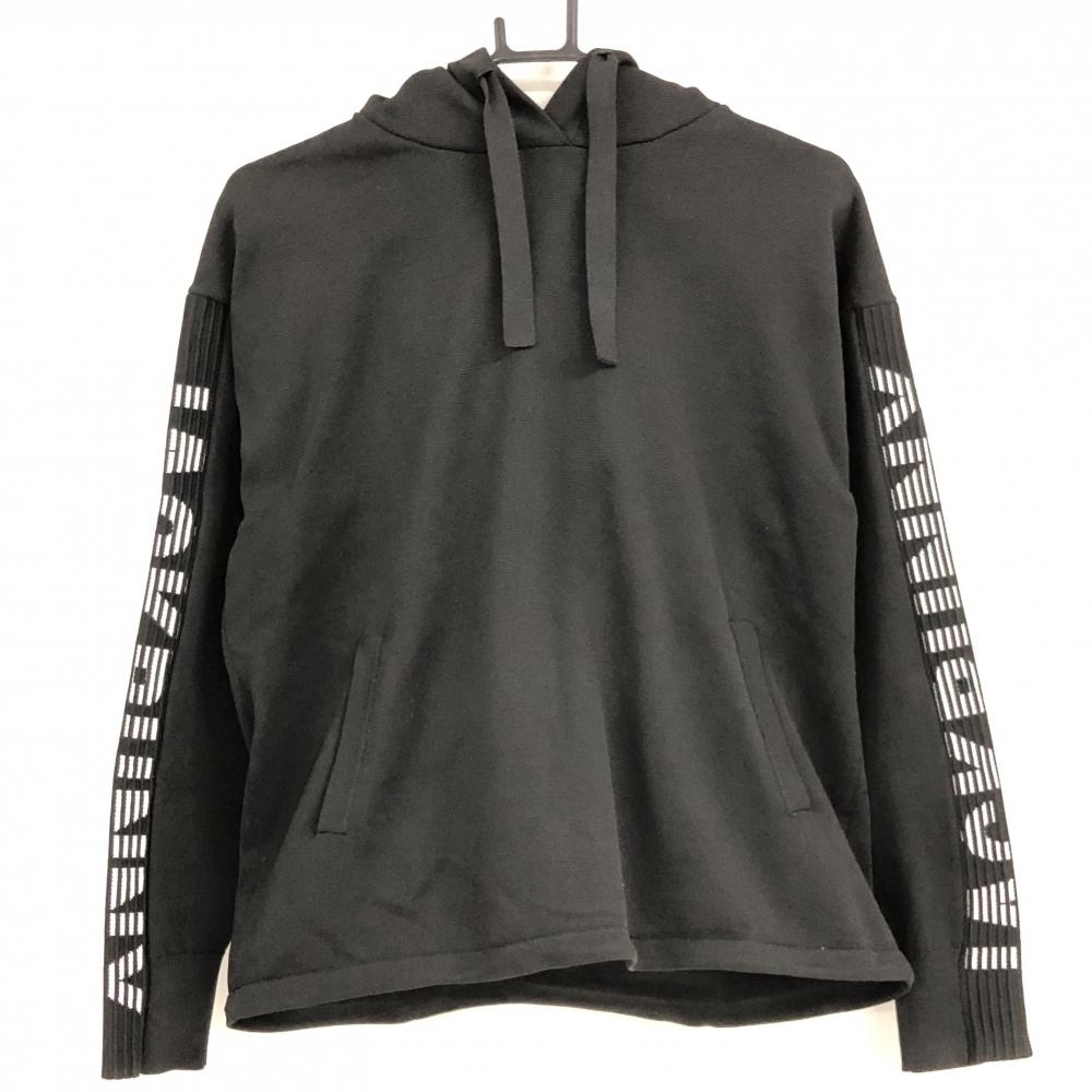 【美品】ジャックバニー ニットパーカー 黒×白 袖ロゴ 裾ドローコード セーター レディース 1(M) ゴルフウェア 2024年モデル Jack Bunny