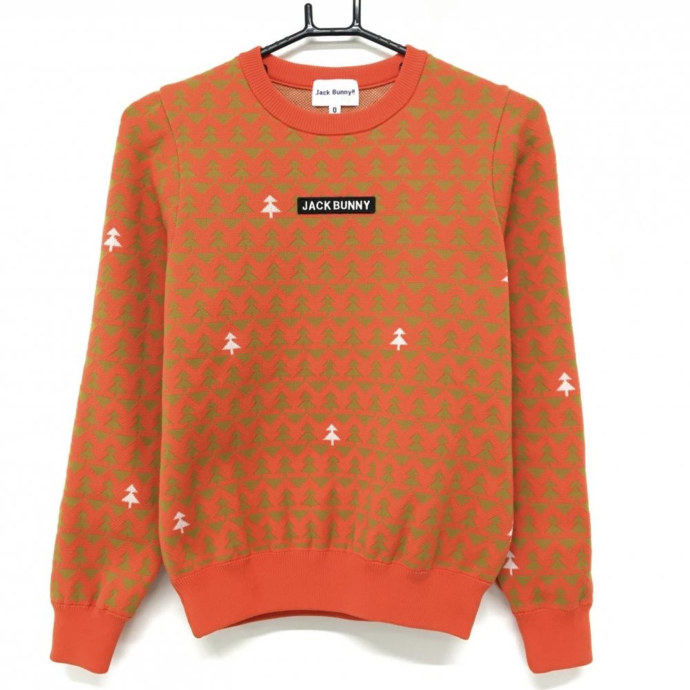 【超美品】ジャックバニー セーター オレンジ×ベージュ 総柄 刺しゅうワッペン ニット レディース 0(S) ゴルフウェア Jack Bunny