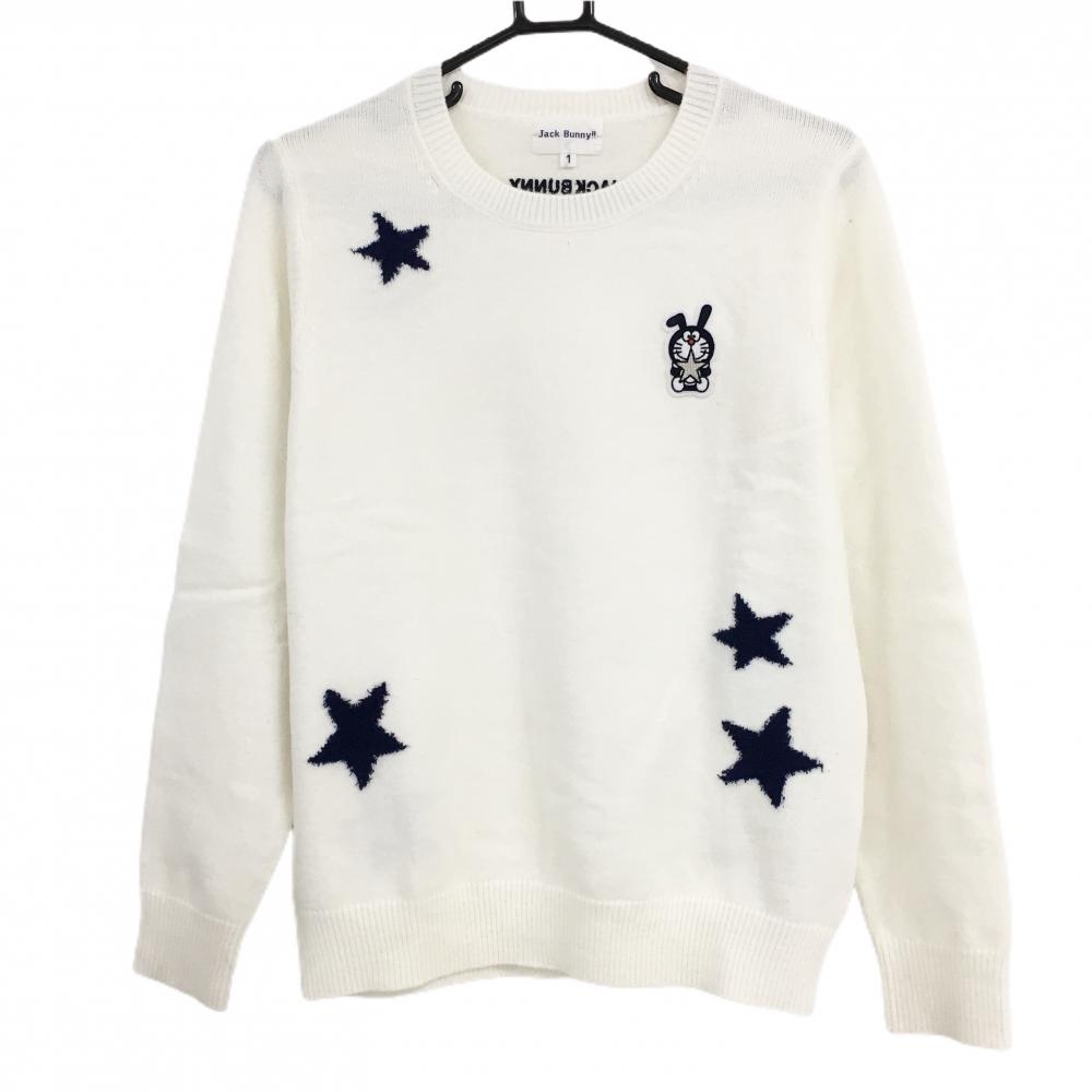 【美品】ジャックバニー×ドラえもん セーター 白×ネイビー ワッペン 星  レディース 1(M) ゴルフウェア 2023年モデル Jack Bunny