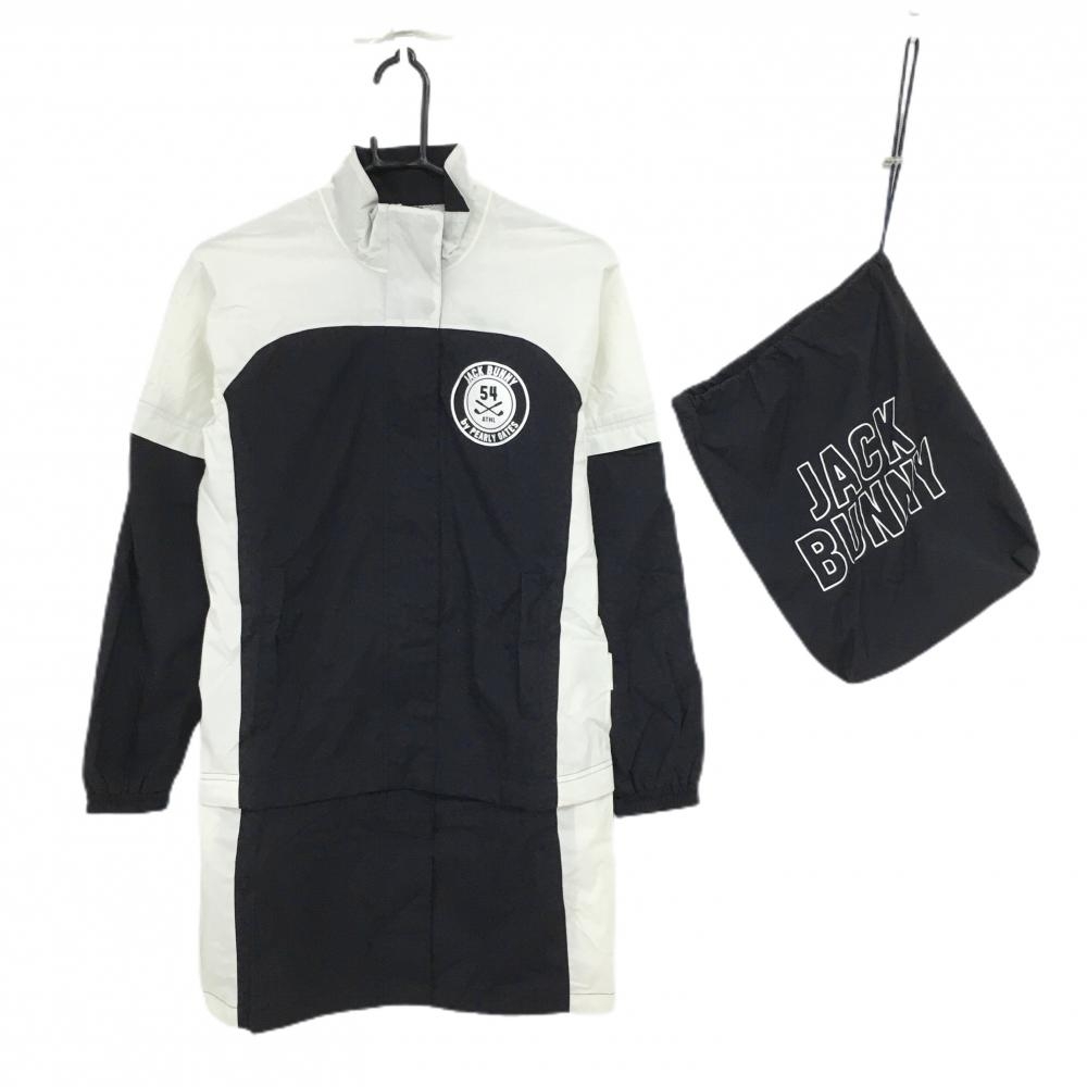 【超美品】ジャックバニー 4WAYレインワンピース ネイビー×白 ロゴプリント 裾着脱可 収納袋付 レディース 0(S) ゴルフウェア Jack Bunny