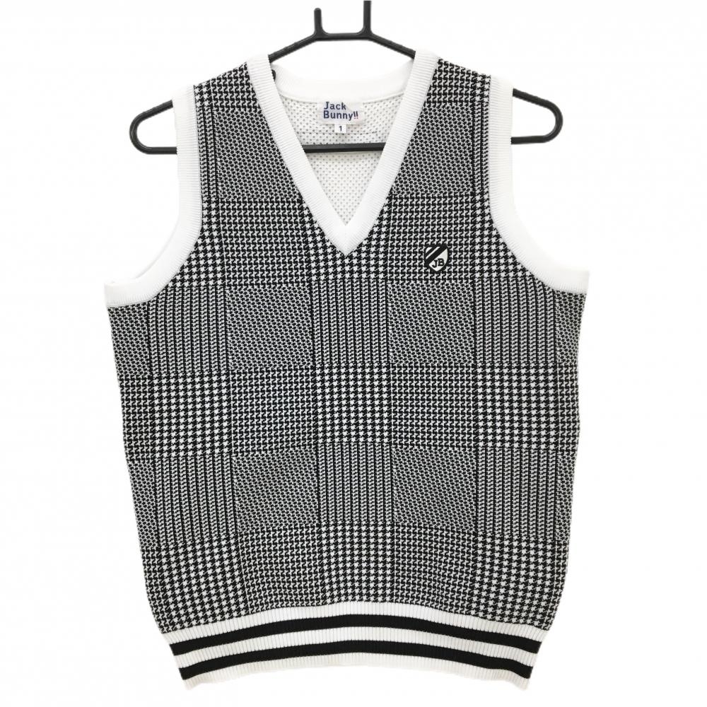 【超美品】ジャックバニー ニットベスト 白×黒 グレンチェック ワッペン Vネック レディース 1(M) ゴルフウェア Jack Bunny