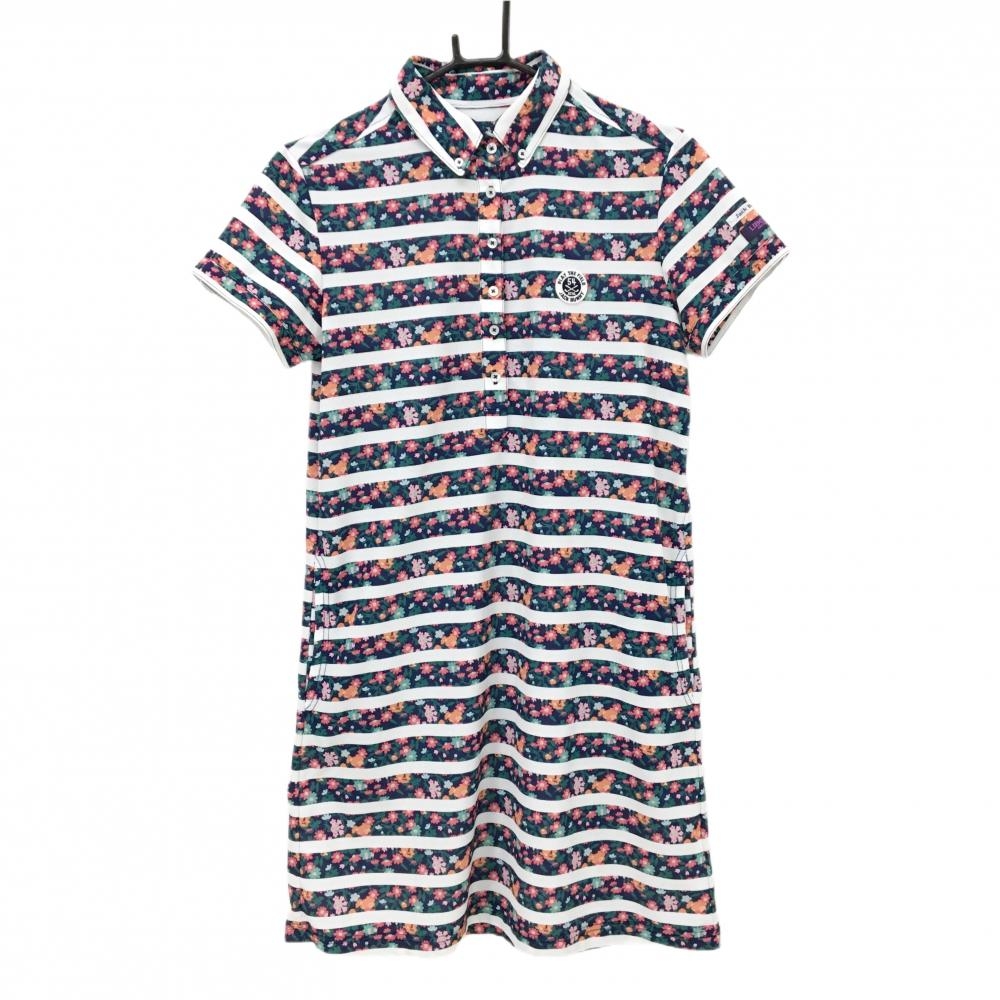 【超美品】ジャックバニー 半袖ポロワンピース ネイビー×白 花柄 ボーダー LIBERTY レディース 2(L) ゴルフウェア Jack Bunny