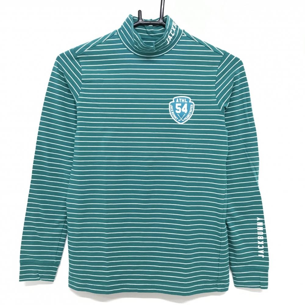 【美品】ジャックバニー 長袖ハイネックシャツ グリーン×白 ボーダー ロゴ レディース 0(S) ゴルフウェア Jack Bunny