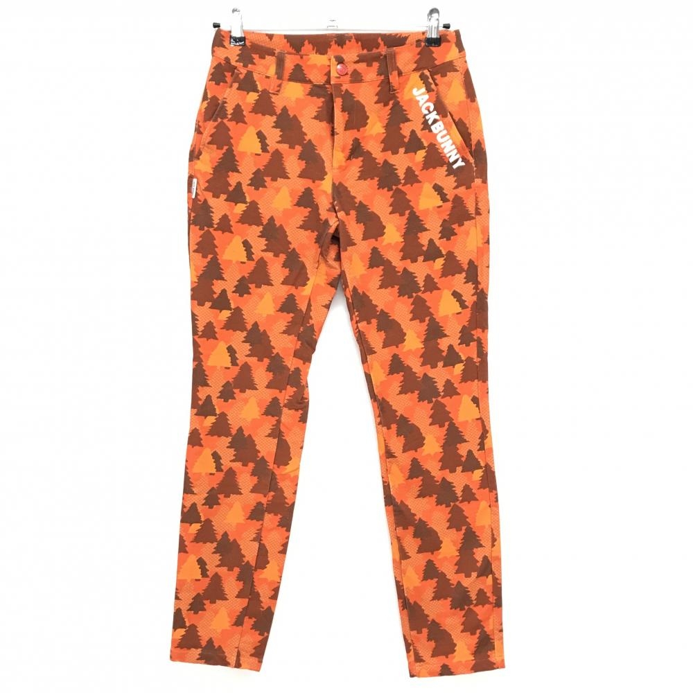 【超美品】ジャックバニー パンツ オレンジ×ブラウン ツリー総柄 ロゴ刺しゅう レディース 2(L) ゴルフウェア Jack Bunny