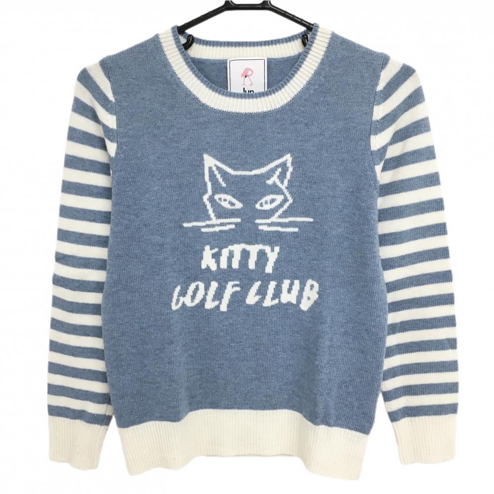 【超美品】ジュンアンドロペ セーター ライトブルー×白 袖ボーダー ニット ウール混 ネコ レディース S ゴルフウェア JUN＆ROPE
