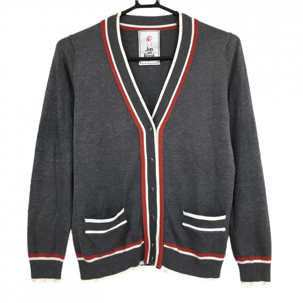 【美品】ジュンアンドロペ ニットカーディガン グレー×レッド 左右ポケット付  レディース 表記なし ゴルフウェア サンプル品 JUN＆ROPE