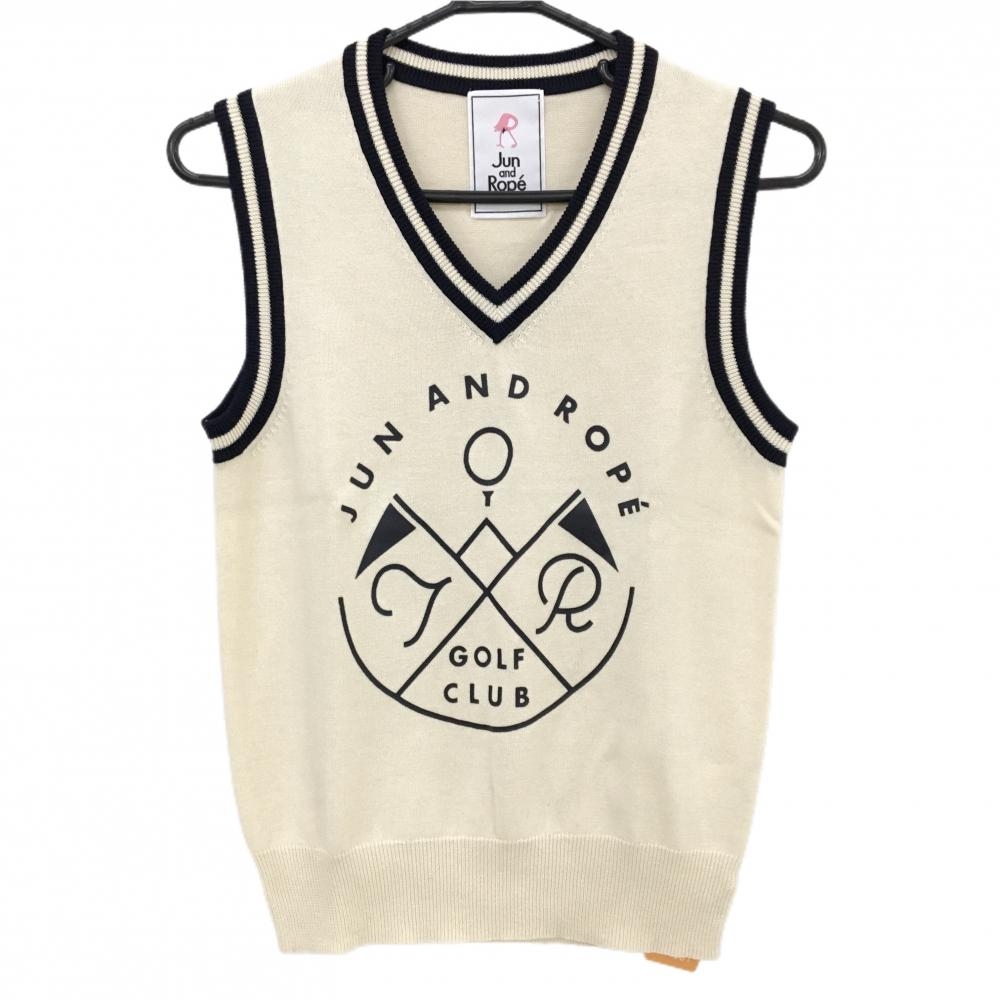 【新品】ジュンアンドロペ ニットベスト ベージュ×ダークネイビー フロントロゴ UVカット Vネック レディース M ゴルフウェア JUN＆ROPE