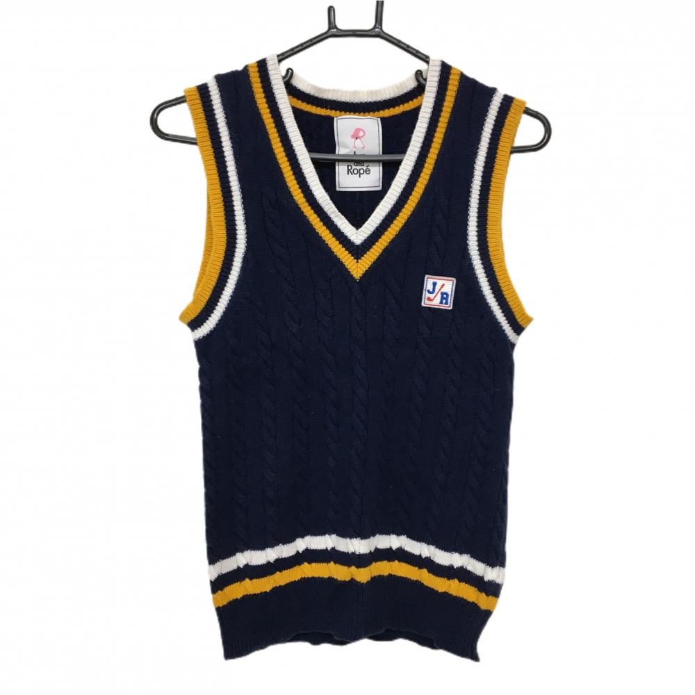 ジュンアンドロペ ニットベスト ネイビー×オレンジ ケーブル編み 麻混 レディース L ゴルフウェア JUN＆ROPE