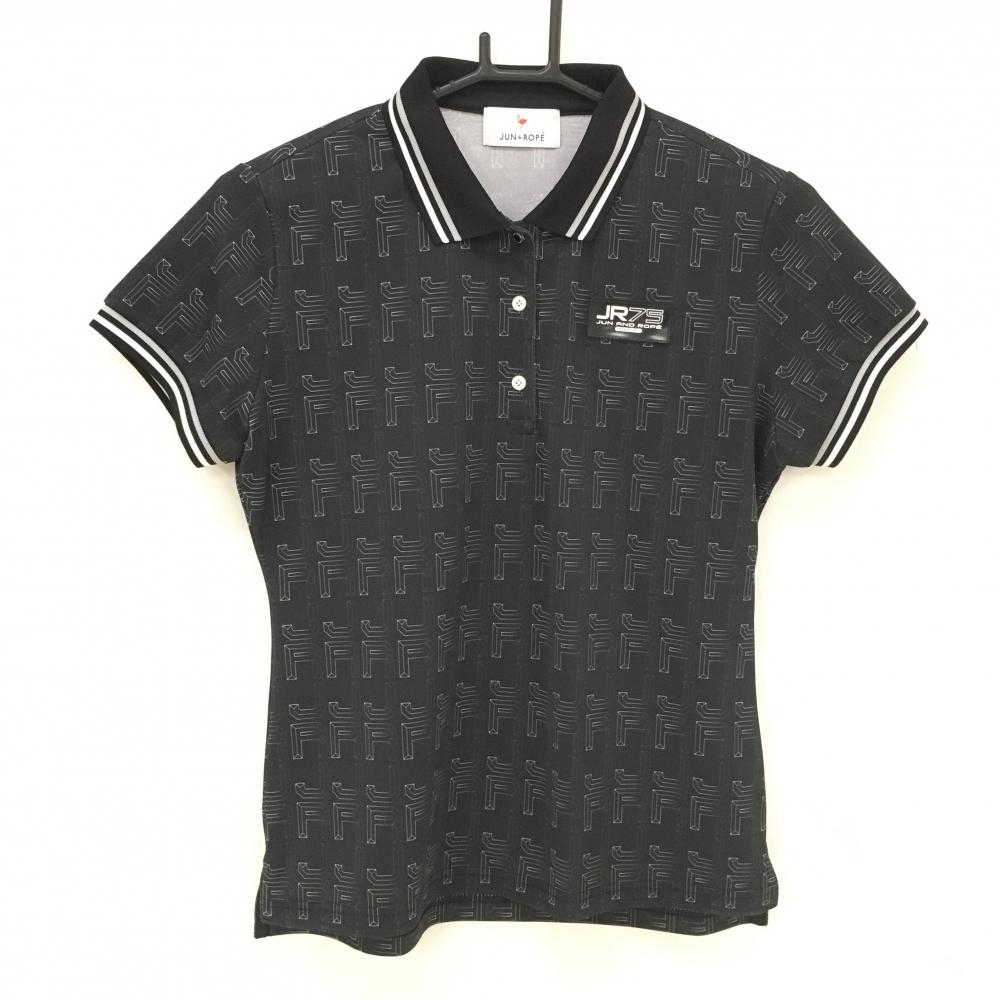 【美品】ジュンアンドロペ 半袖ポロシャツ 黒×白 ロゴ総柄 シリコンワッペン  レディース M ゴルフウェア JUN＆ROPE