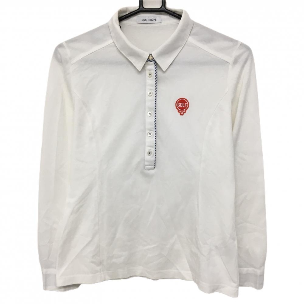 【美品】ジュンアンドロペ 長袖ポロシャツ 白 刺しゅうワッペン 襟裏ストライプ  レディース L ゴルフウェア JUN＆ROPE
