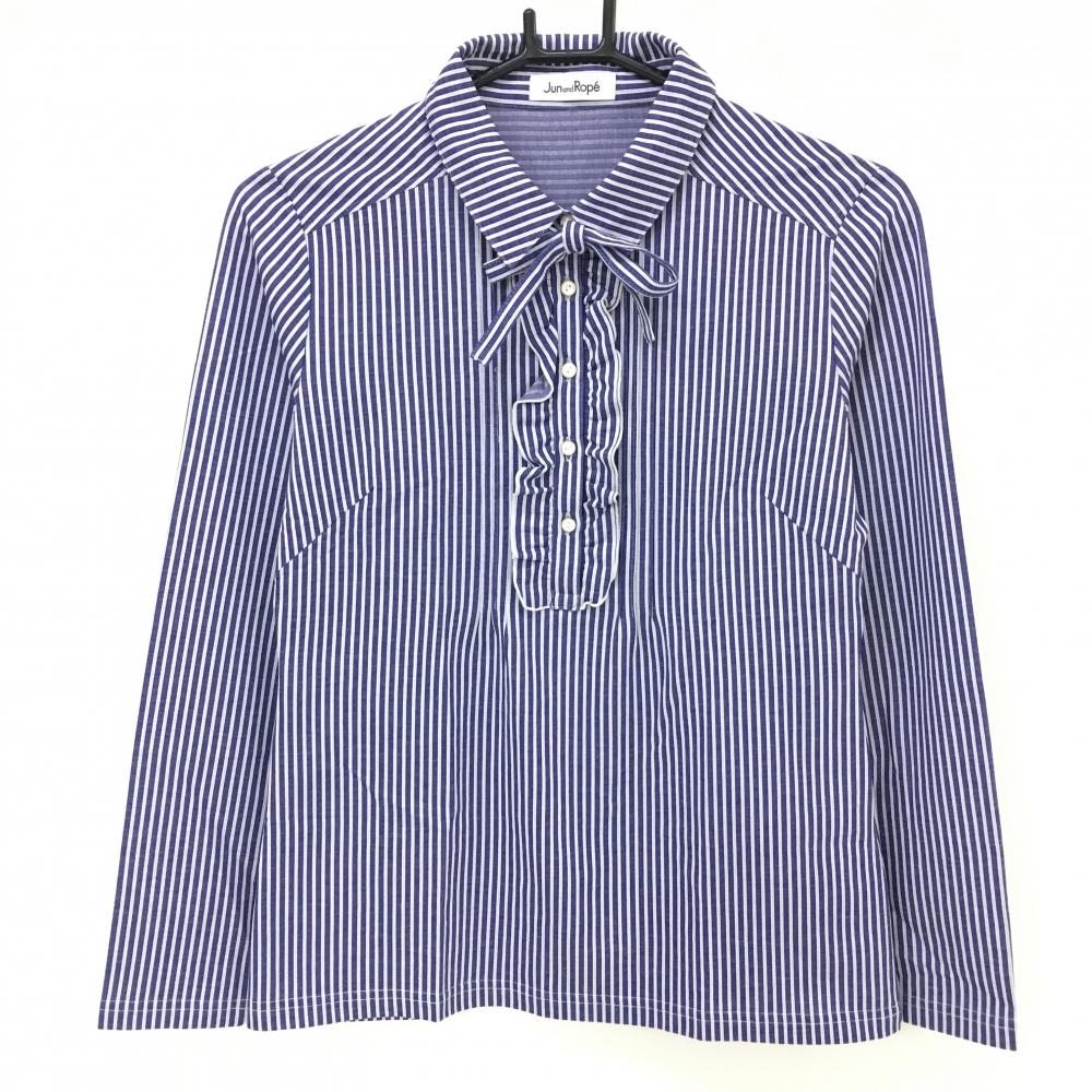 【超美品】ジュンアンドロペ 長袖ポロシャツ ブルー×白 ストライプ 前立てフリル レディース L ゴルフウェア JUN＆ROPE