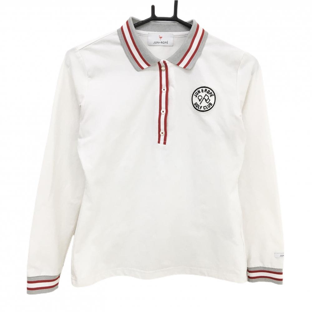 ☆新品未使用 JUN&ROPE' ジュンアンドロペ 白ポロシャツ『L』☆ ジュンアンドロペ 長袖ポロシャツ 白×レッド リブライン ワッペン