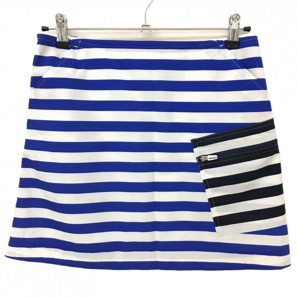 【美品】ジュンアンドロペ スカート 白×ブルー ボーダー メッシュ調 裏地付き レディース M ゴルフウェア JUN＆ROPE