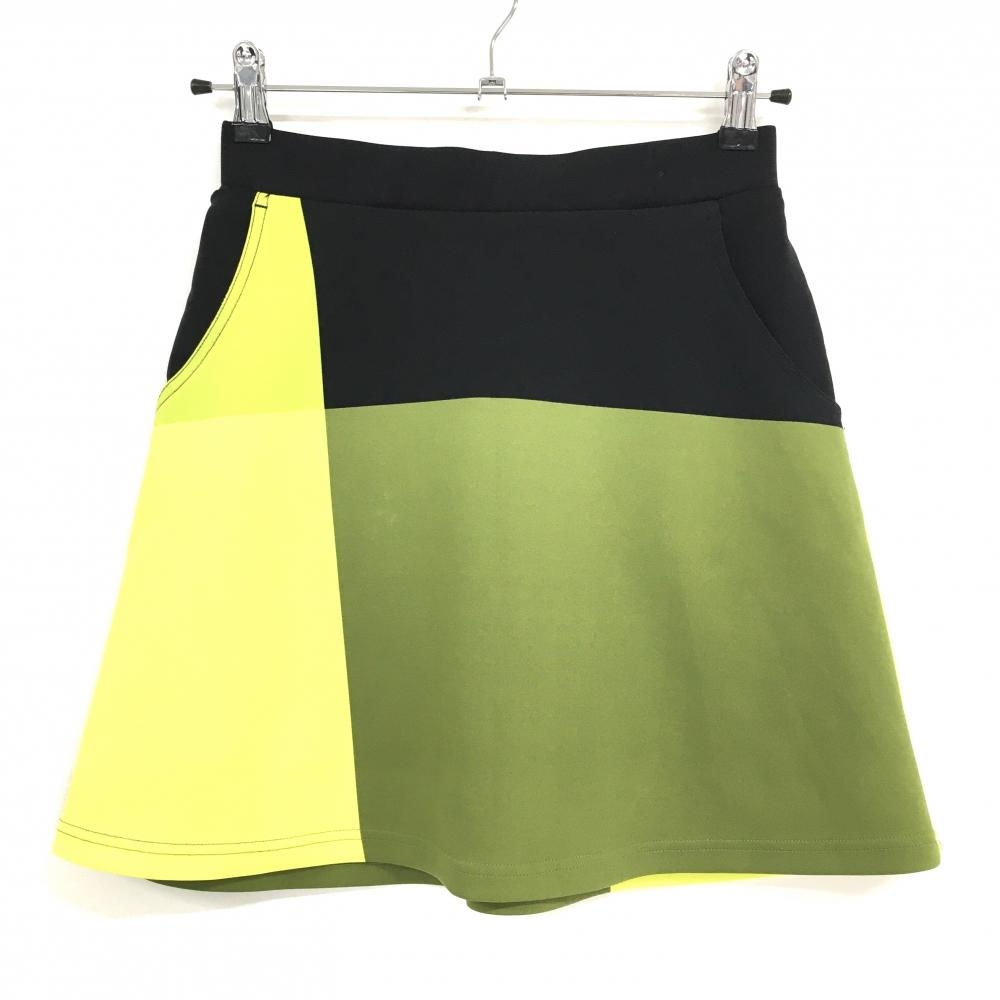 【美品】ジュンアンドロペ ストレッチスカート ダークグリーン×イエロー系×黒 ウエストゴム  レディース S ゴルフウェア JUN＆ROPE