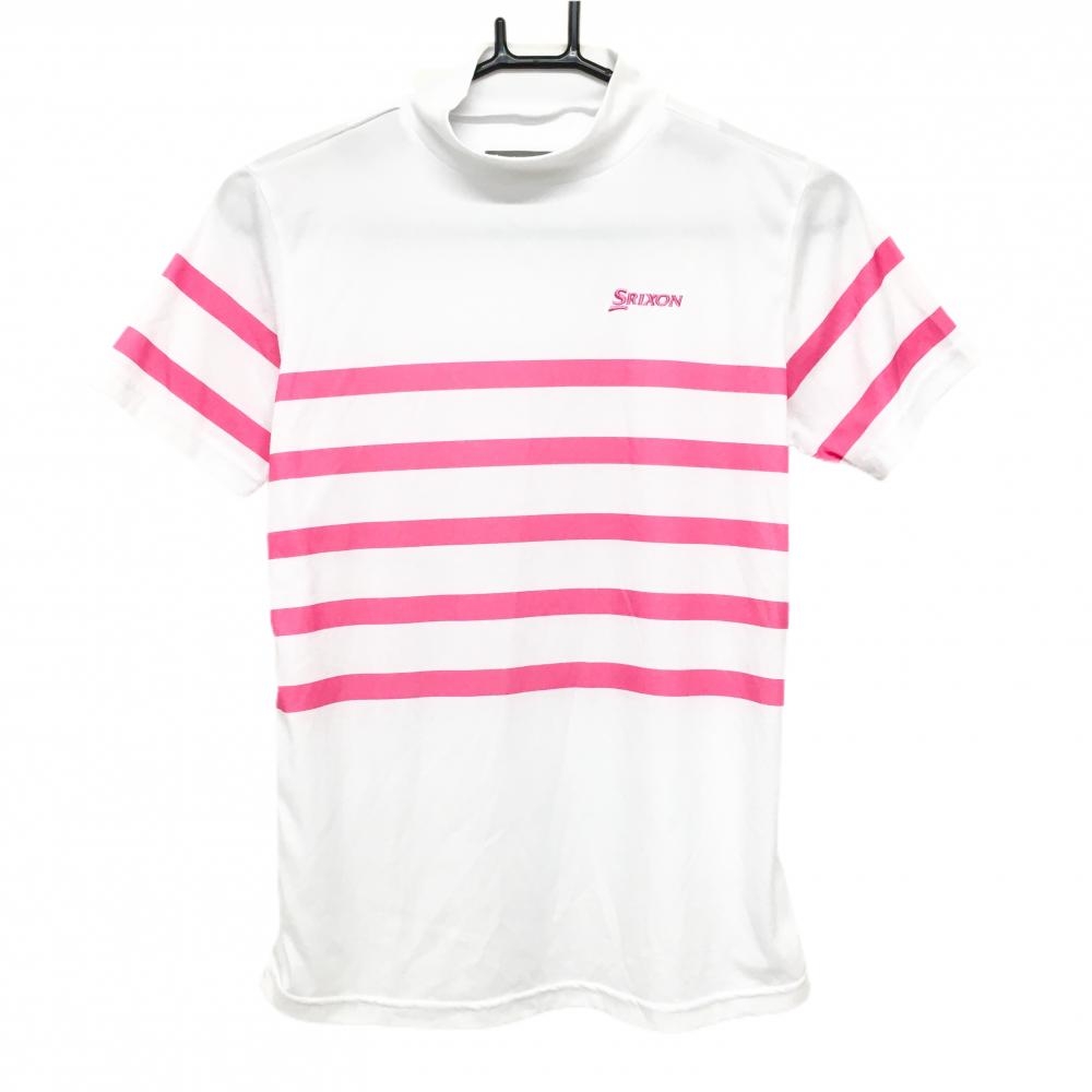 【超美品】スリクソンバイデサント 半袖ハイネックシャツ 白×ピンク ボーダー レディース M ゴルフウェア SRIXON