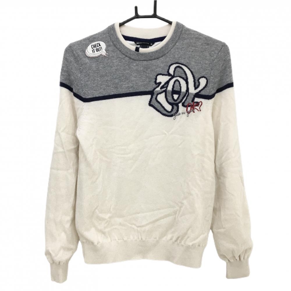 ゾーイ セーター 白×グレー 裏地付き ニット レディース 38(M) ゴルフウェア ZOY