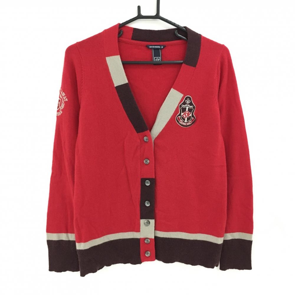 【美品】ゾーイ カーディガン レッド×ブラウン ロゴ刺しゅう ウール カシミヤ レディース 40(L) ゴルフウェア ZOY