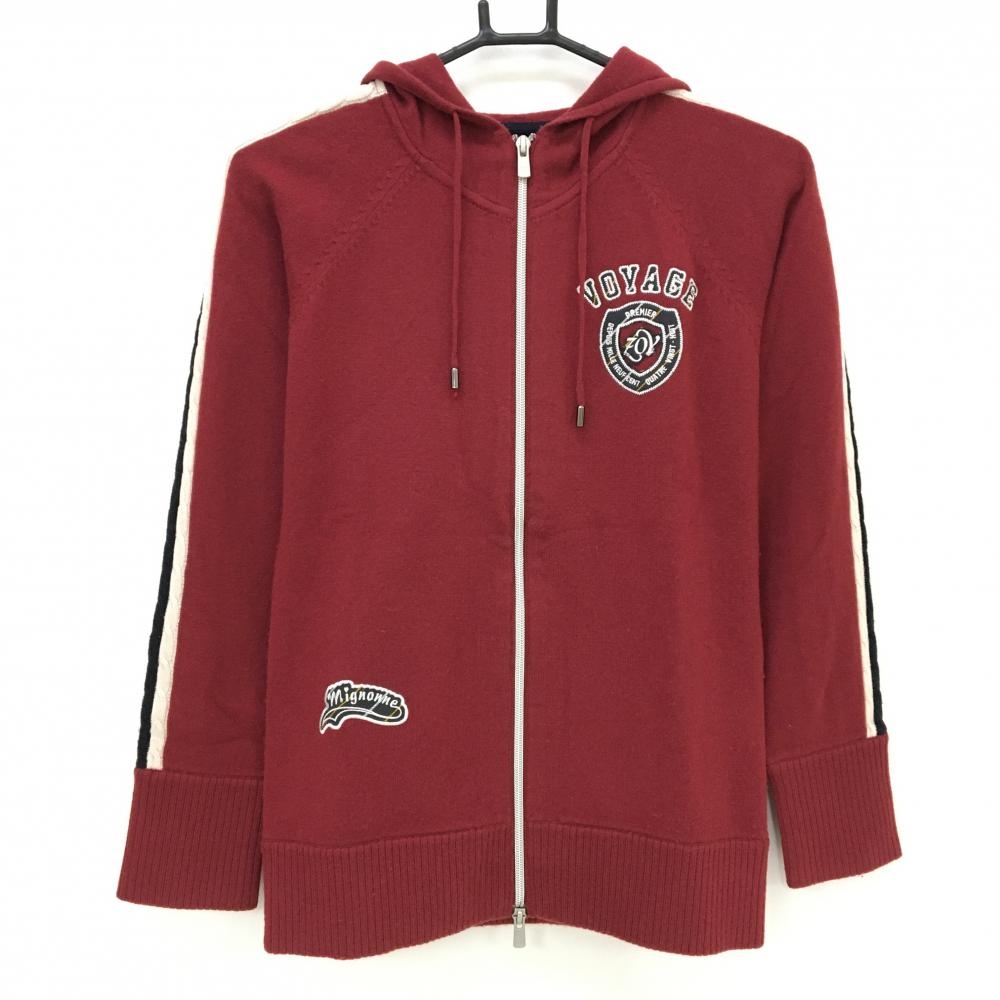 ゾーイ ニットジップパーカー ボルドー×白×黒 袖ケーブル編み カシミヤ混  レディース 38(M) ゴルフウェア ZOY