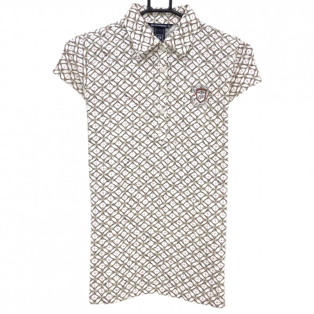 【超美品】ゾーイ 半袖ポロシャツ 白×スモーキーピンク系×ライトグリーン 総柄 レディース 38(M) ゴルフウェア ZOY