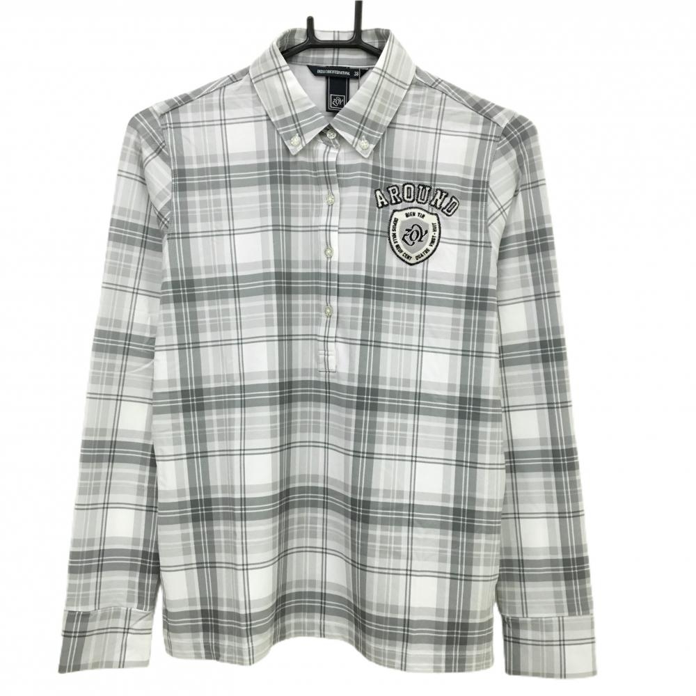 【新品】ゾーイ 長袖ポロシャツ グレー×白 チェック ボタンダウン レディース 38(M) ゴルフウェア ZOY