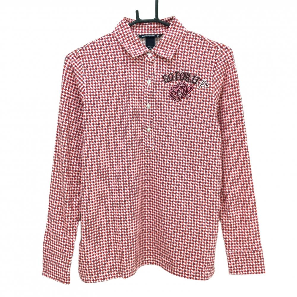 【新品】ゾーイ 長袖ポロシャツ レッド×白 千鳥格子 ロゴ刺しゅう レディース 38(M) ゴルフウェア ZOY