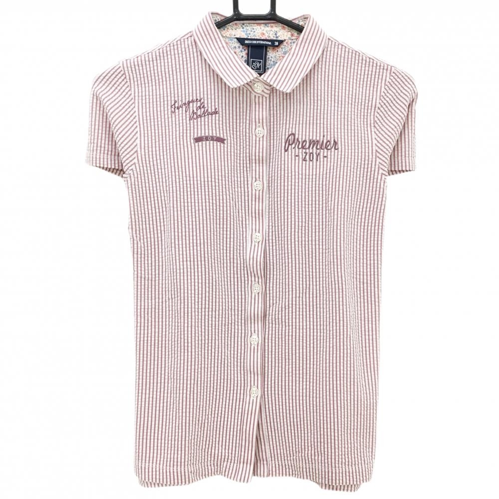 【超美品】ゾーイ 半袖シャツ 白×スモーキーピンク系 ストライプ サッカー生地 レディース 38(M) ゴルフウェア ZOY