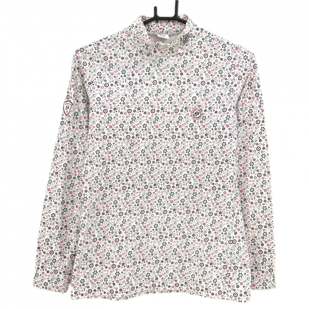 ゾーイ 長袖ハイネックシャツ 白×ピンク×ネイビー 総柄 胸ロゴ レディース M ゴルフウェア ZOY